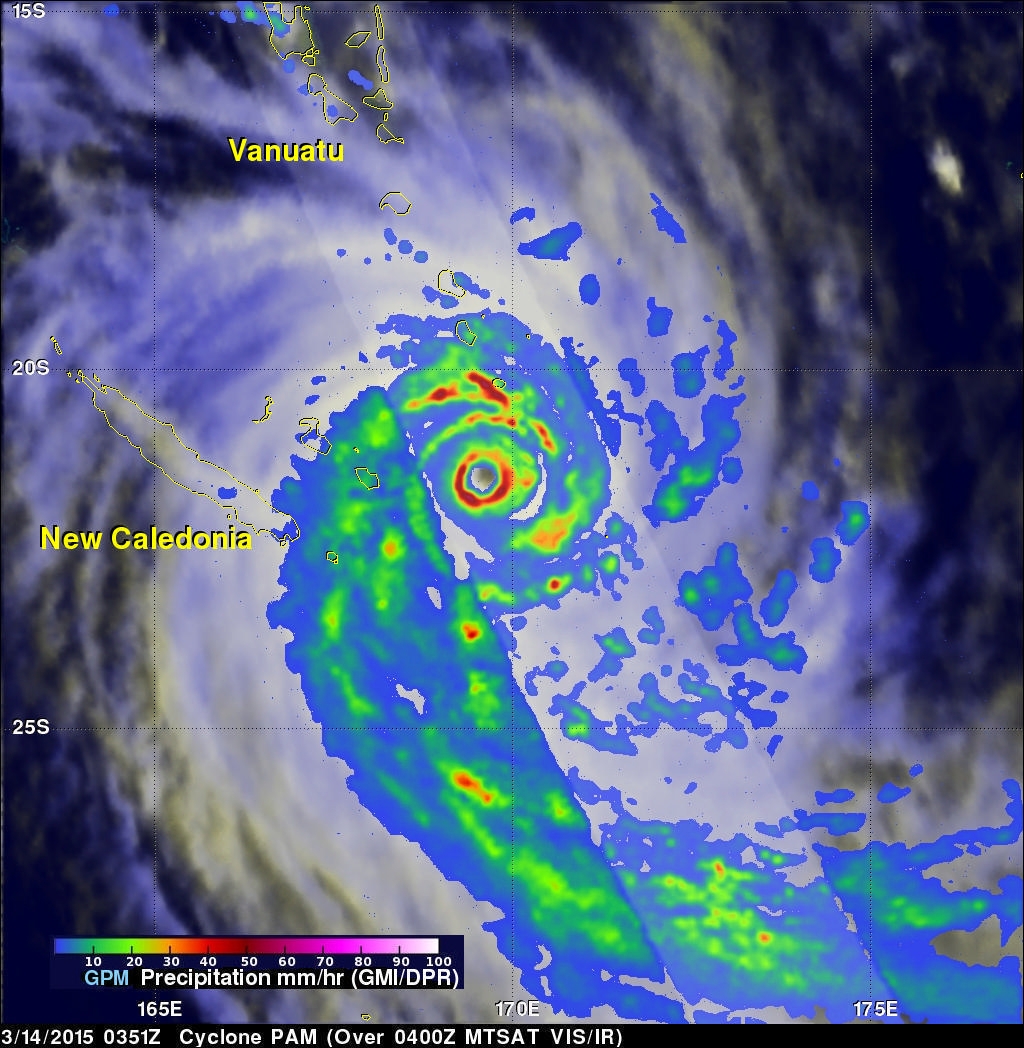 NASA GPM satellite precipitation composite of Cyclone Pam near Vanuatu